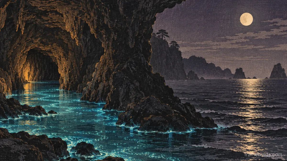 Spooky sea cave with phosphorescent water – japanese-inspired woodblock print Samsung Frame TV art, 4K