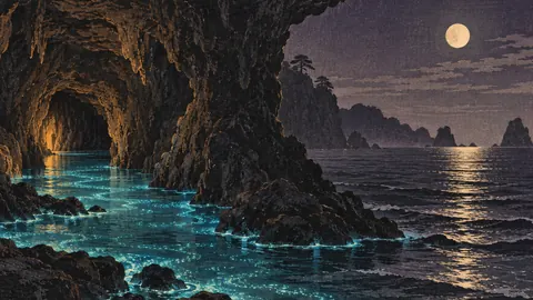 Spooky sea cave with phosphorescent water – japanese-inspired woodblock print Frame TV art