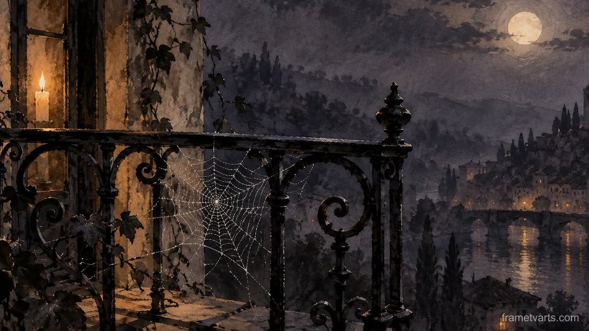 Cobweb on a wrought-iron balcony – minimal ink and wash Samsung Frame TV art, 4K
