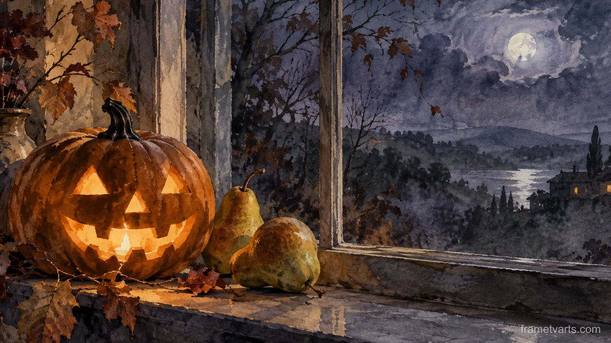 Jack-o-lantern and pears on a windowsill – elegant watercolor Samsung Frame TV art, 4K