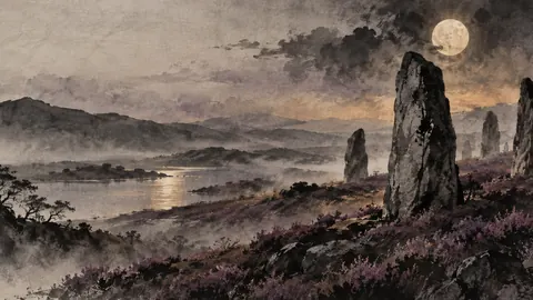 Spooky standing stones in heather – zen sumi-e ink wash Frame TV art