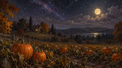 Pumpkin field under a starry sky – atmospheric oil painting Frame TV art