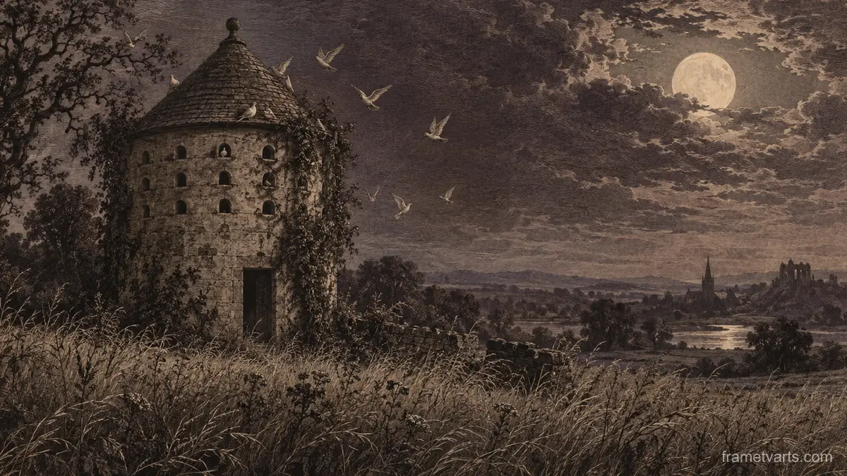 Haunted dovecote in long grass – vintage plate engraving Samsung Frame TV art, 4K
