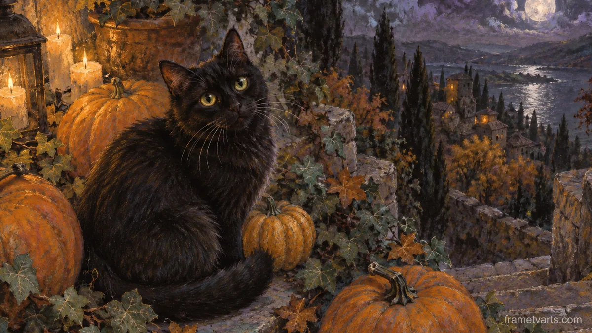 Witch's cat among pumpkins and ivy – soft pastel drawing Samsung Frame TV art, 4K