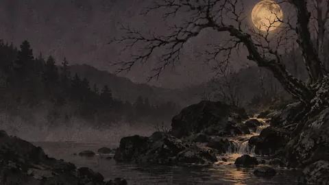 Spooky woodland stream under bare branches – japanese-inspired minimal composition Frame TV art