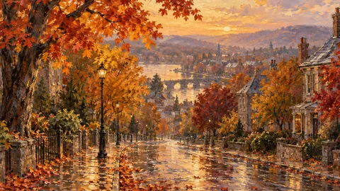 Maple avenue after autumn rain – impressionist oil painting Frame TV art