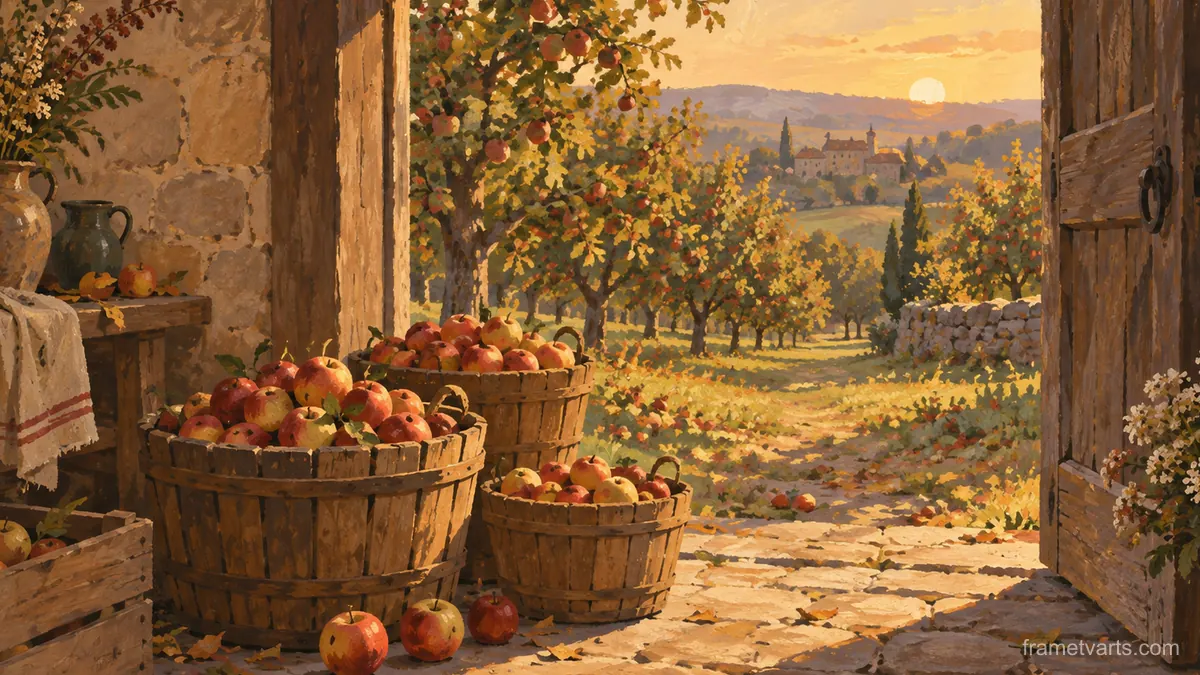 Harvest baskets of apples in an orchard doorway – naturalist gouache Samsung Frame TV art, 4K