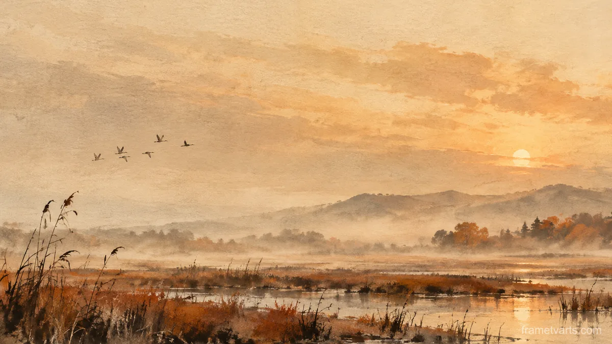 Autumn marshland with drifting mist – minimal ink and wash Samsung Frame TV art, 4K