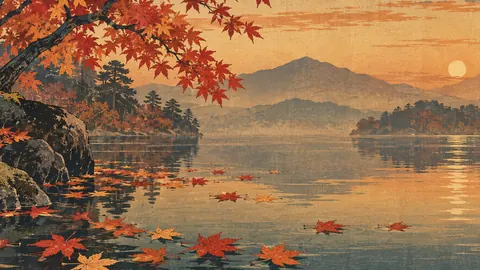 Maple leaves floating on a still pond – japanese-inspired woodblock print Frame TV art