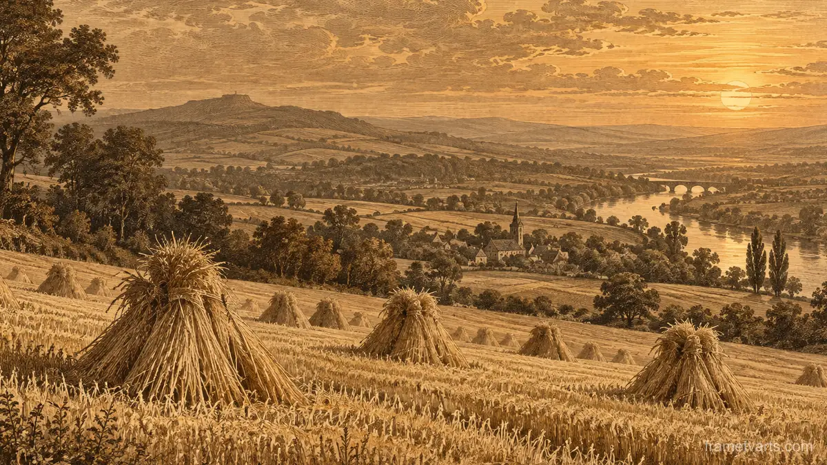 Wheat field stooks under an amber sky – vintage plate engraving Samsung Frame TV art, 4K