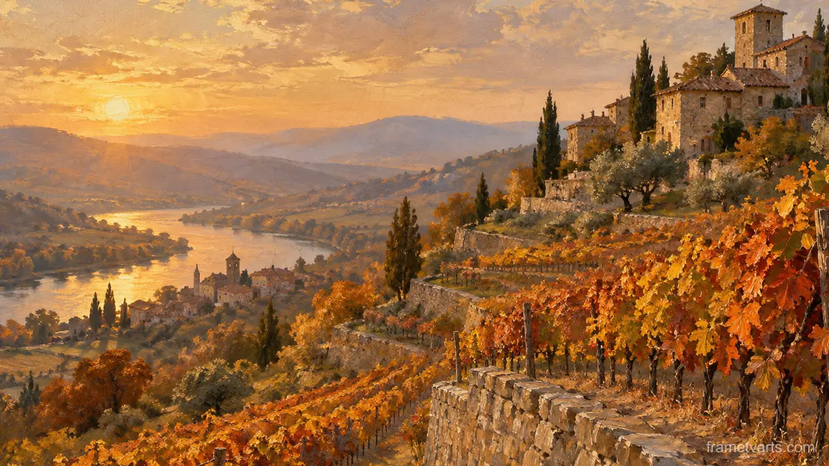 Autumn vineyard terraces in late light – tonal oil painting Samsung Frame TV art, 4K