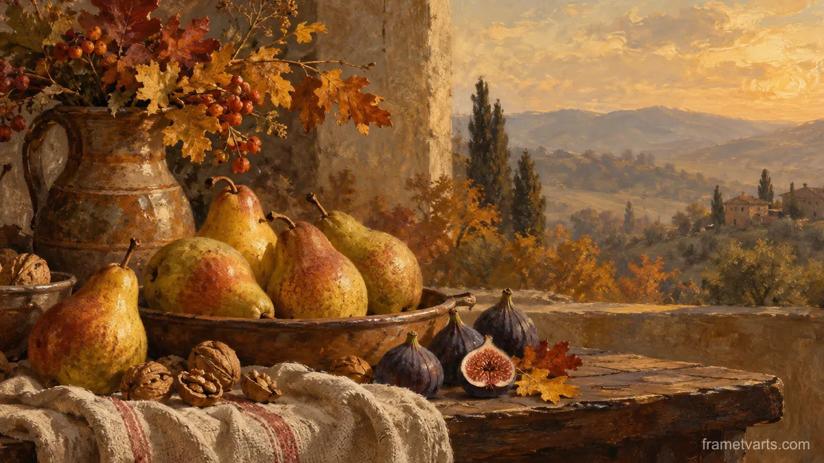 Thanksgiving table of pears, walnuts and figs – tonal oil painting Samsung Frame TV art, 4K