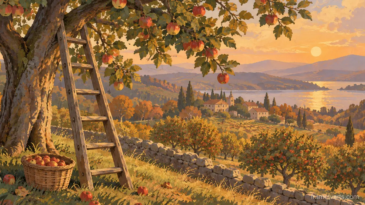 Orchard ladder against a laden apple tree – storybook gouache Samsung Frame TV art, 4K