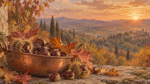 Chestnuts and autumn foliage in a copper bowl – soft pastel drawing Frame TV art