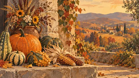 Harvest gourds and dried corn on a stone step – decorative folk gouache Frame TV art