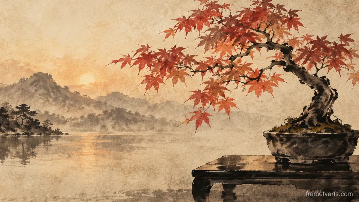 Maple bonsai on a dark lacquer table – zen sumi-e ink wash Samsung Frame TV art, 4K