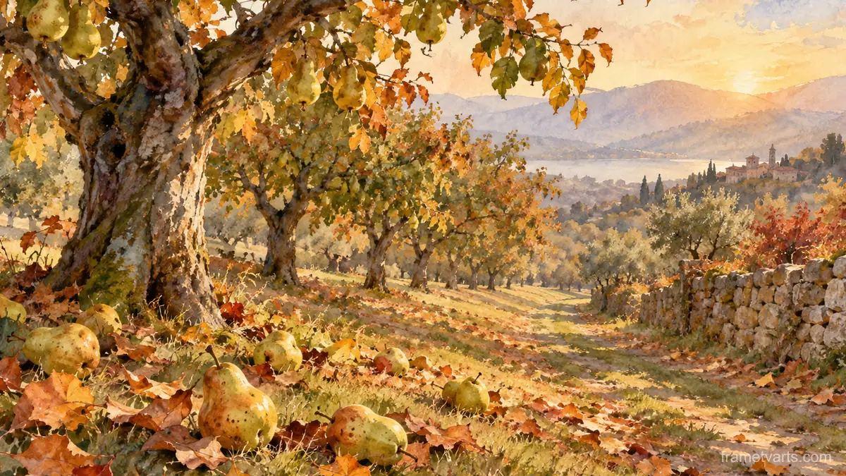 Autumn orchard path with fallen pears – loose watercolor Samsung Frame TV art, 4K