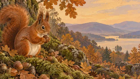 Red squirrel among acorns and moss – naturalist gouache Frame TV art