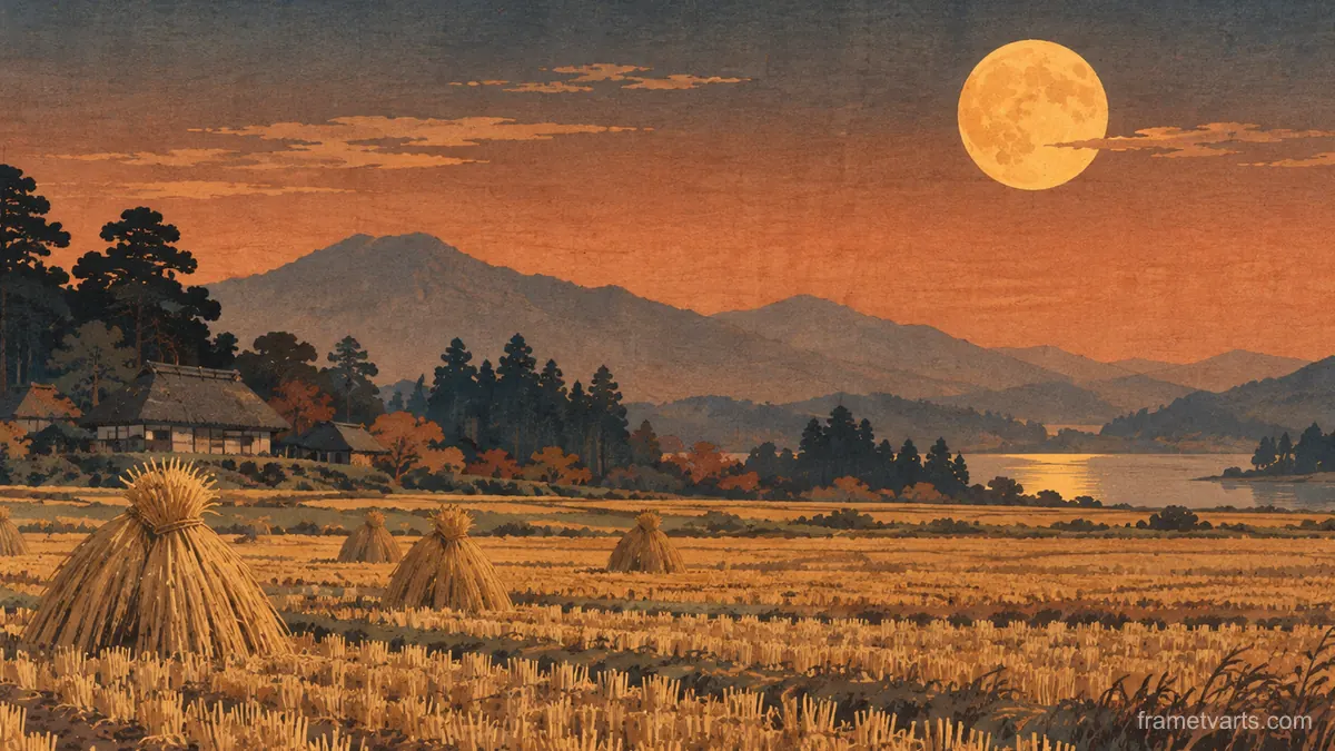 Harvest moon above stubble fields – japanese-inspired woodblock print Samsung Frame TV art, 4K