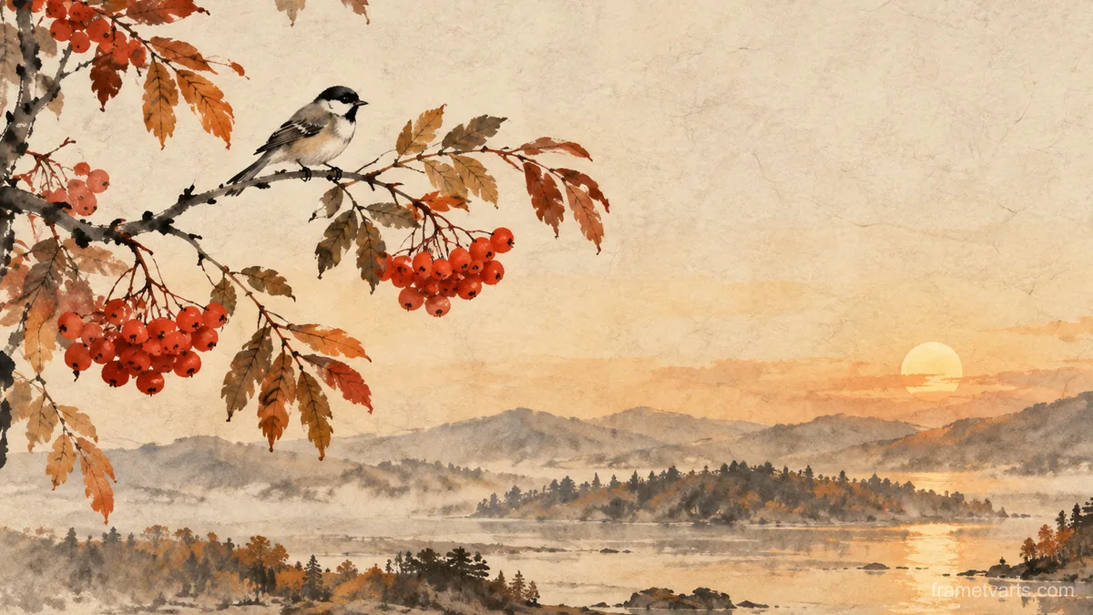 Autumn rowan berries and a small bird – zen sumi-e ink wash Samsung Frame TV art, 4K