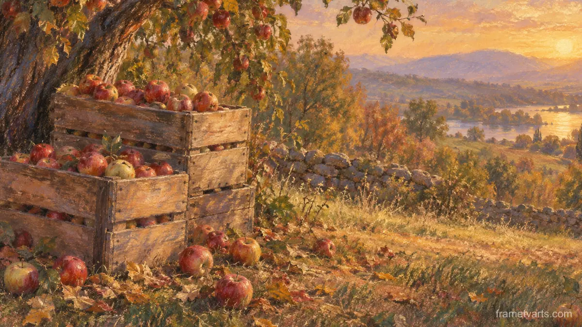 Orchard crates and windfall apples – soft pastel drawing Samsung Frame TV art, 4K