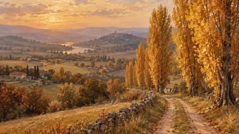 Autumn poplar row along a farm track – tonal oil painting Frame TV art
