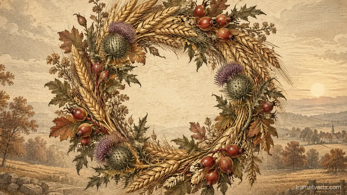 Thanksgiving wreath of wheat, thistle and rosehips – vintage plate engraving Samsung Frame TV art, 4K