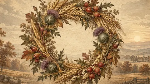 Thanksgiving wreath of wheat, thistle and rosehips – vintage plate engraving Frame TV art