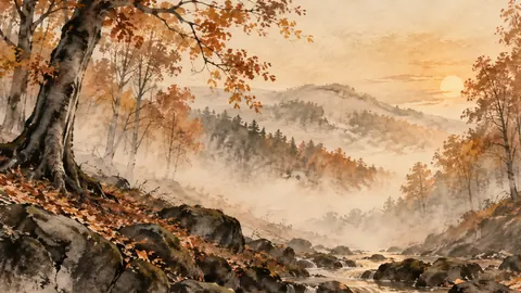 Autumn fog in a beech hollow – zen sumi-e ink wash Frame TV art