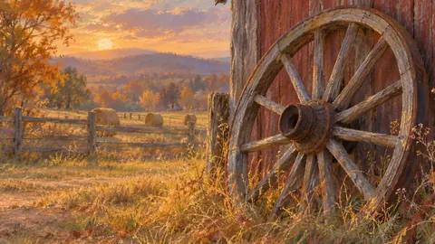 Harvest cart wheel against a barn wall – soft pastel drawing Frame TV art