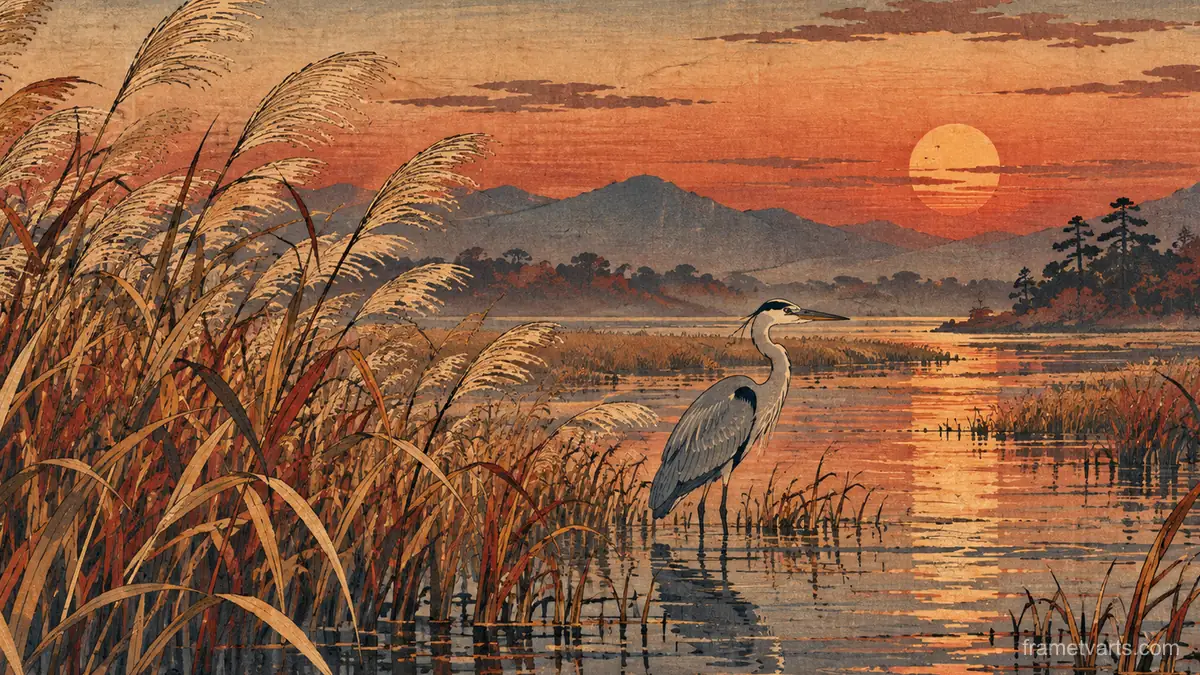 Autumn reeds and a heron at dusk – japanese-inspired woodblock print Samsung Frame TV art, 4K
