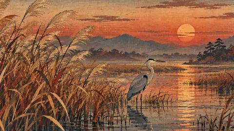 Autumn reeds and a heron at dusk – japanese-inspired woodblock print Frame TV art