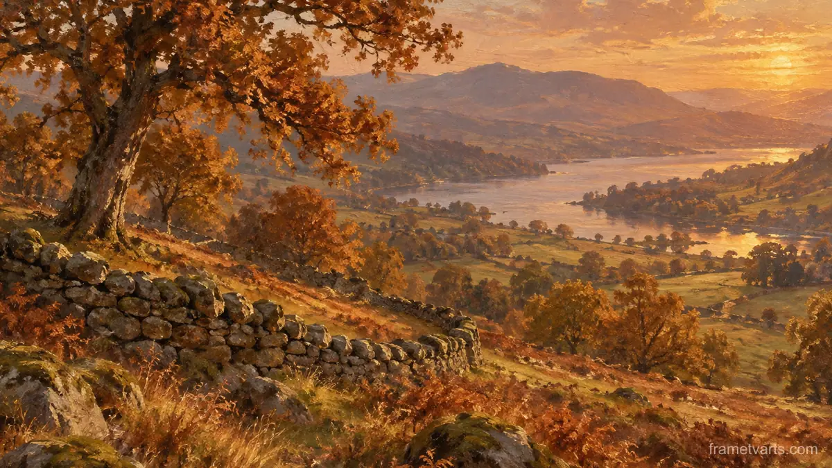 Russet oak wood with a dry stone wall – atmospheric oil painting Samsung Frame TV art, 4K