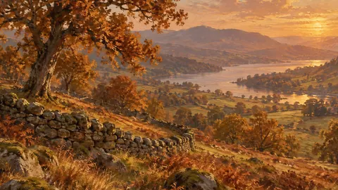 Russet oak wood with a dry stone wall – atmospheric oil painting Frame TV art