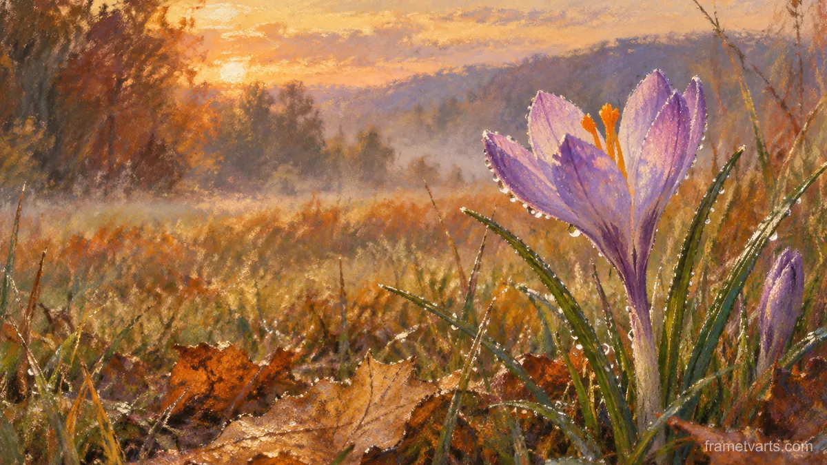 Autumn crocus in wet grass – chalk pastel study Samsung Frame TV art, 4K