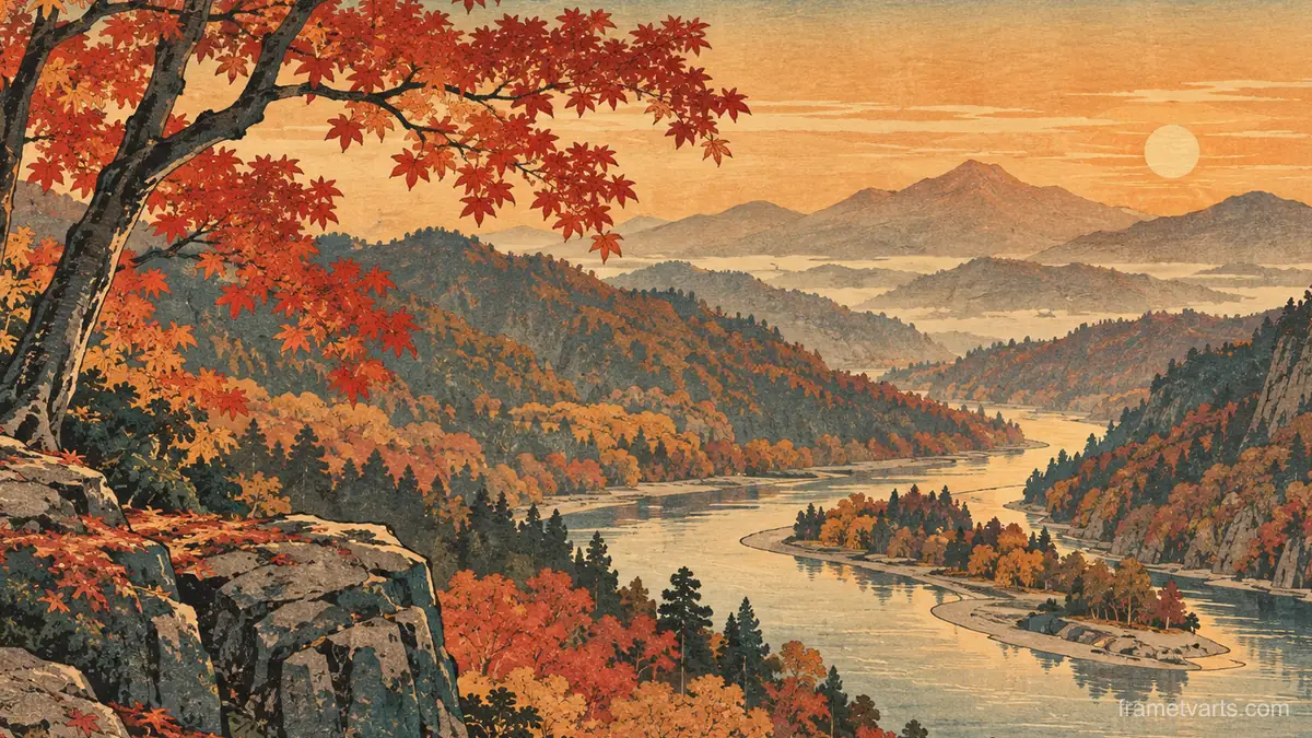 Maple ridge above a winding river – japanese-inspired woodblock print Samsung Frame TV art, 4K