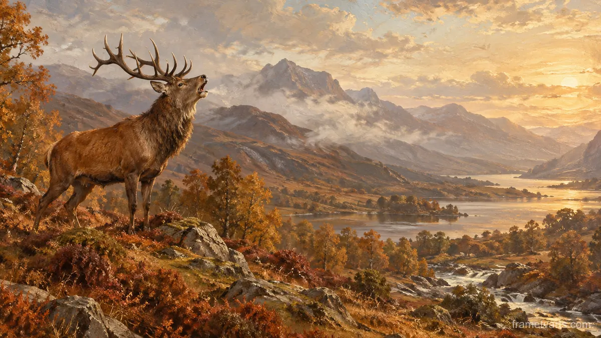 Autumn stag calling across a glen – atmospheric oil painting Samsung Frame TV art, 4K