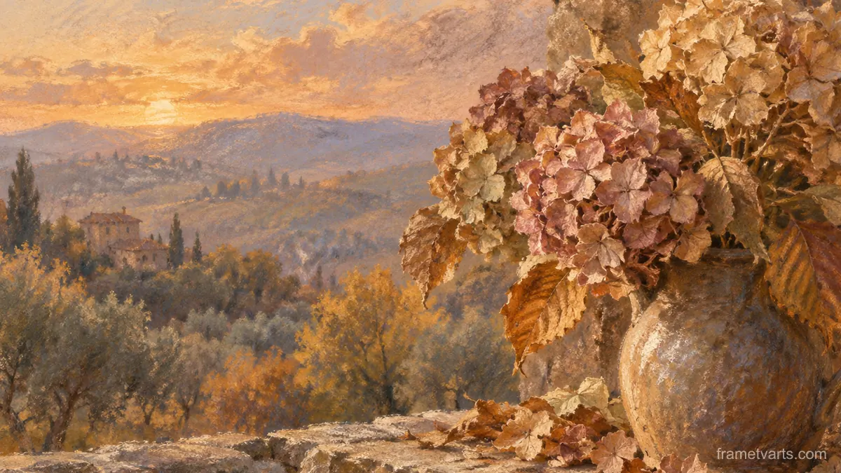 Autumn hydrangeas fading to parchment – chalk pastel study Samsung Frame TV art, 4K