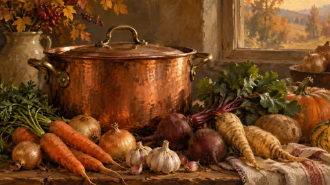 Thanksgiving copper pot and root vegetables – tonal oil painting Frame TV art