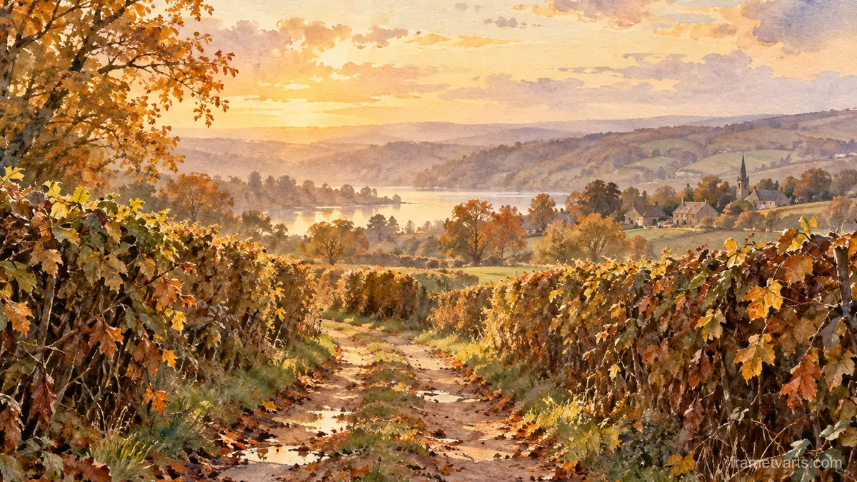 Autumn lane between hazel hedges – loose watercolor Samsung Frame TV art, 4K