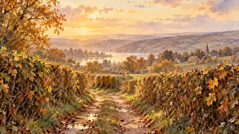 Autumn lane between hazel hedges – loose watercolor Frame TV art