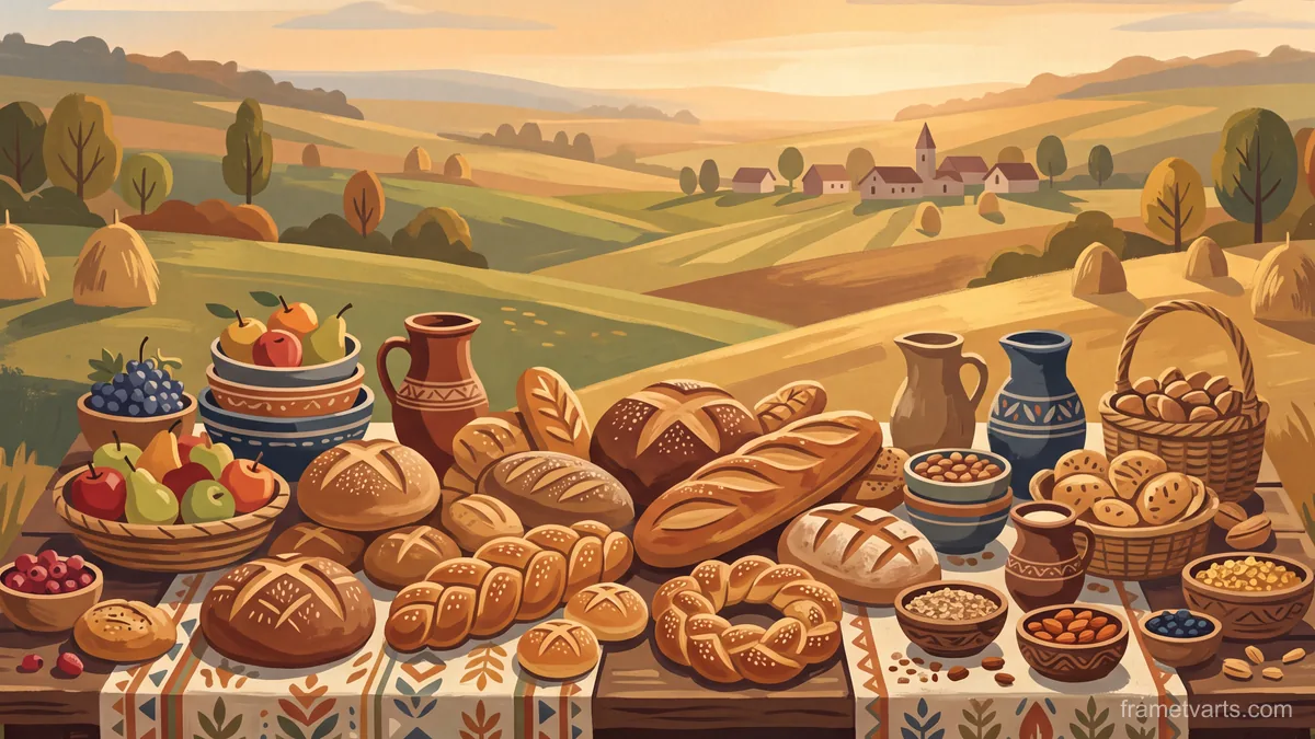 Harvest festival table of breads and fruit – decorative folk gouache Samsung Frame TV art, 4K