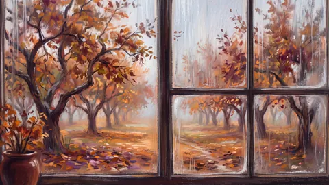 Orchard in autumn rain seen through a window – chalk pastel study Frame TV art