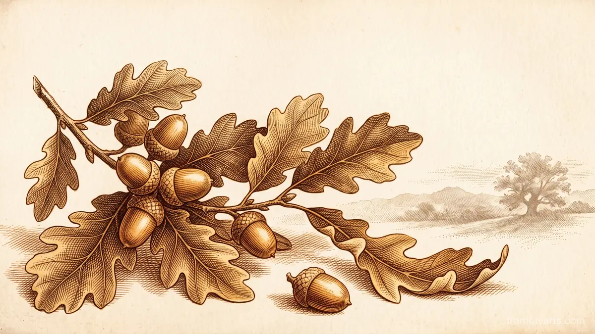 Acorn and oak-leaf botanical study – vintage plate engraving Samsung Frame TV art, 4K