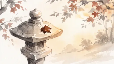 Maple leaf resting on a stone lantern – zen sumi-e ink wash Frame TV art