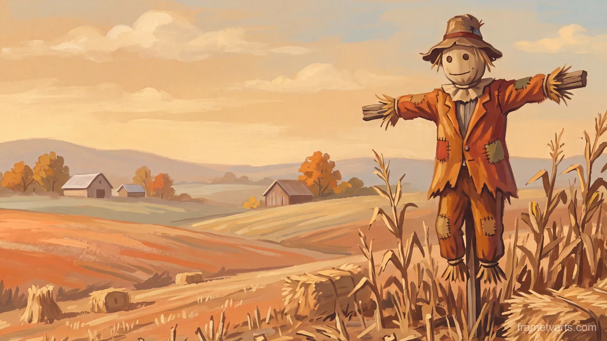 Harvest scarecrow in a stubble field – storybook gouache Samsung Frame TV art, 4K
