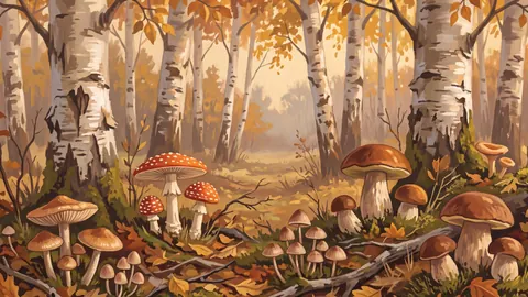 Autumn mushrooms under birch – naturalist gouache Frame TV art