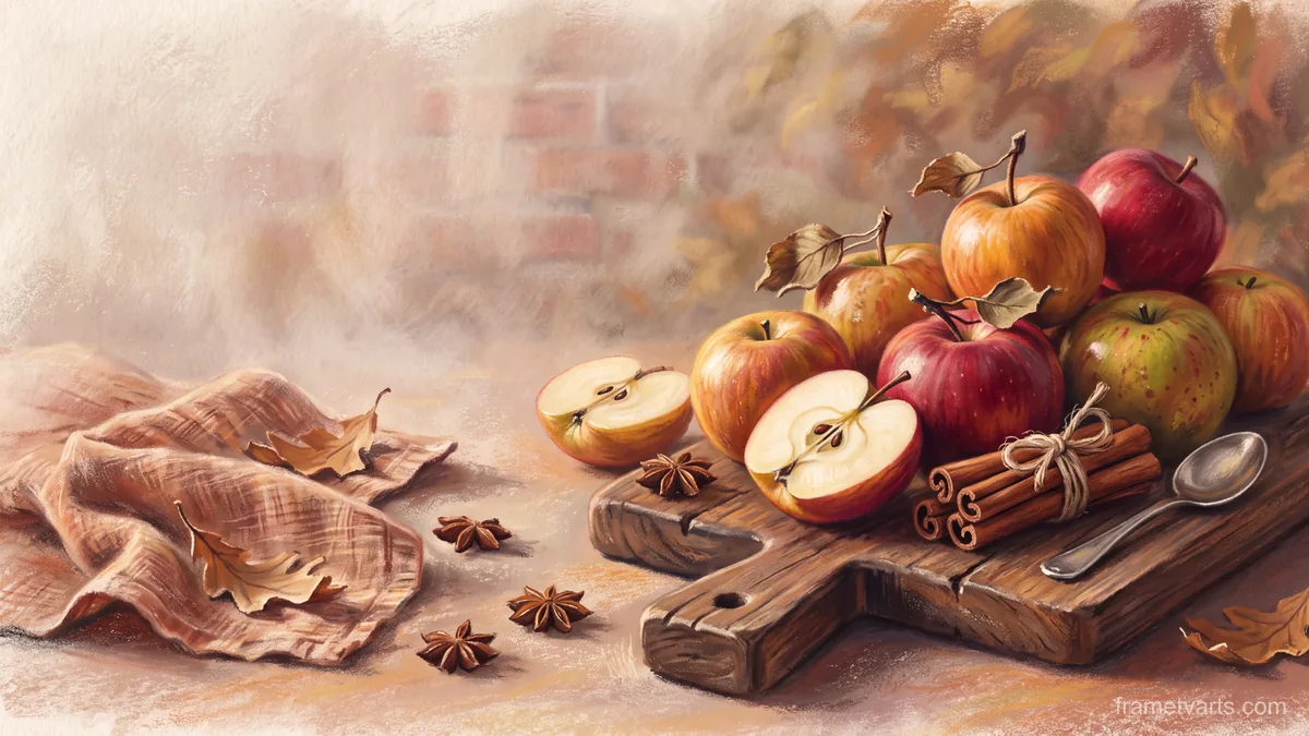 Thanksgiving apples and cinnamon on a board – soft pastel drawing Samsung Frame TV art, 4K