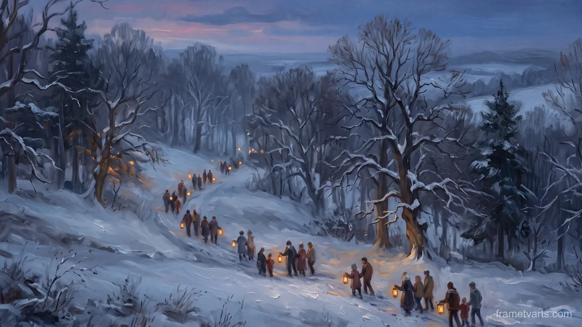Christmas eve lantern walk through a snowy wood – atmospheric oil painting Samsung Frame TV art, 4K