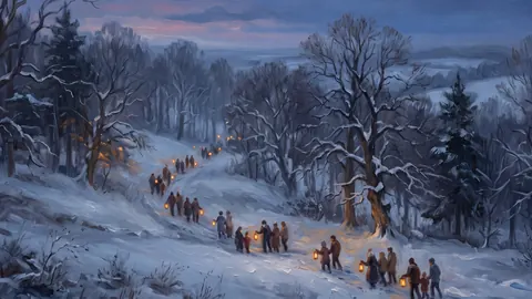 Christmas eve lantern walk through a snowy wood – atmospheric oil painting Frame TV art